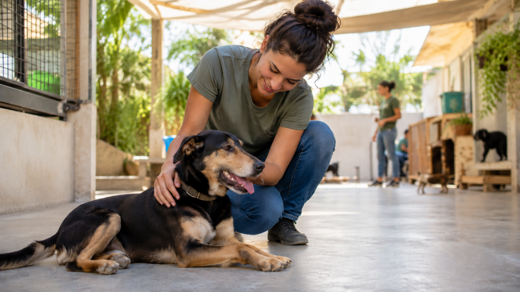 Persona colaboradora acariciando a un perro en un centro de protección animal abierto a la ciudadanía
